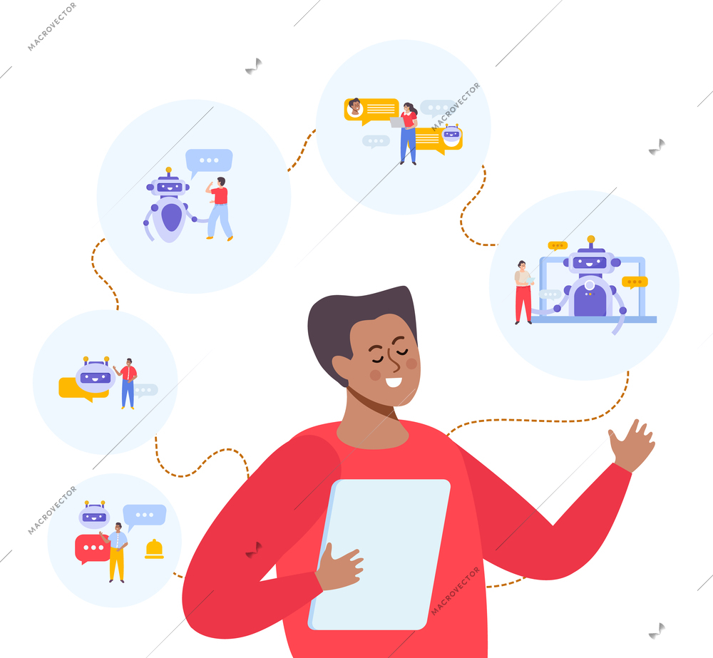 Man using chatbot services asking questions and receiving answers flat composition vector illustration