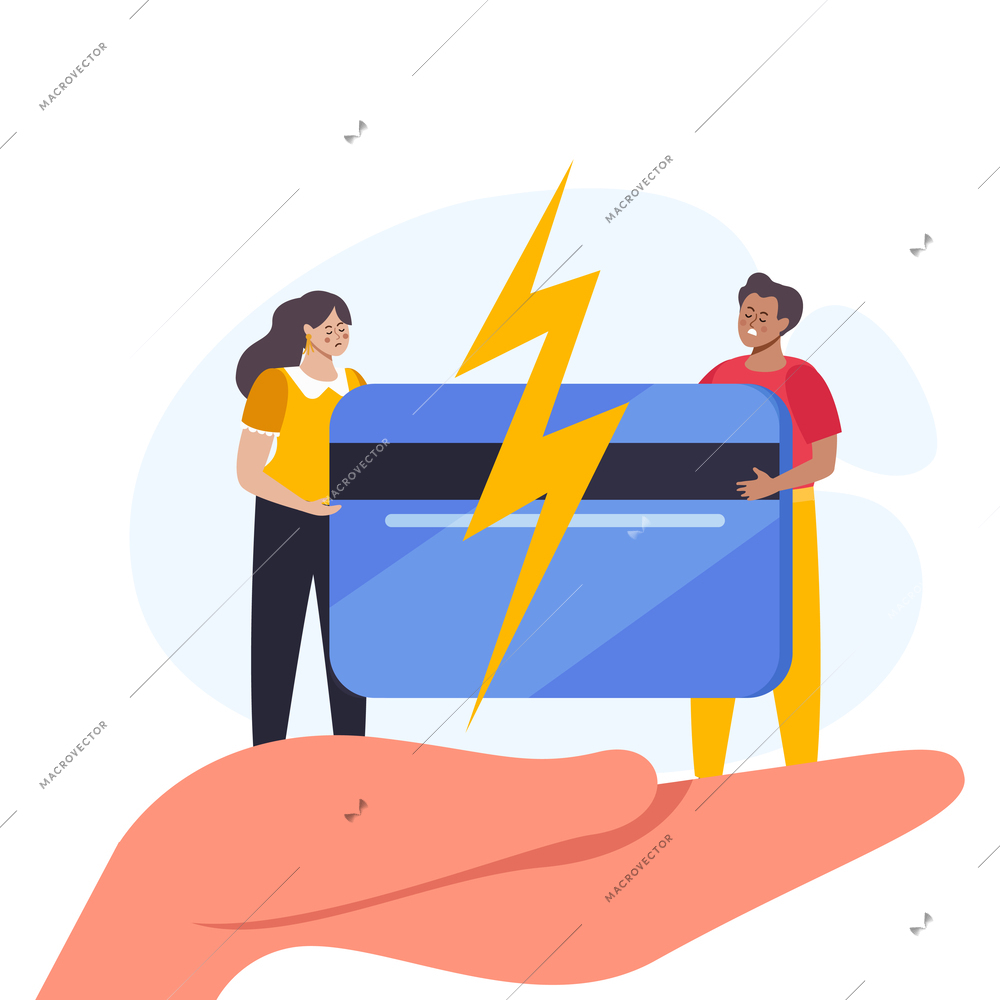 Property division flat concept with human hand holding divorced couple dividing money on bank card vector illustration