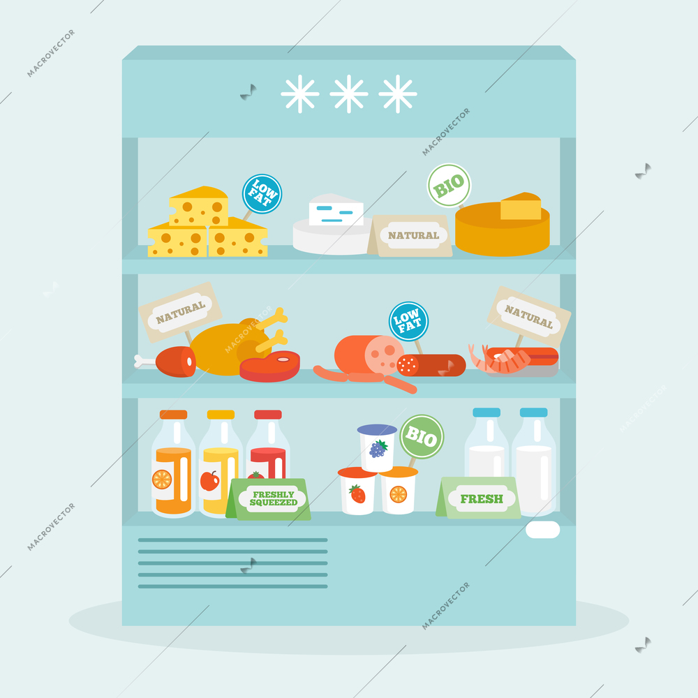 Food in fridge collection with meat cheese beverages flat vector illustration