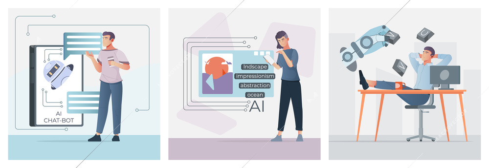 AI generated set of three square compositions with flat icons of chat bot illustrations and people vector illustration