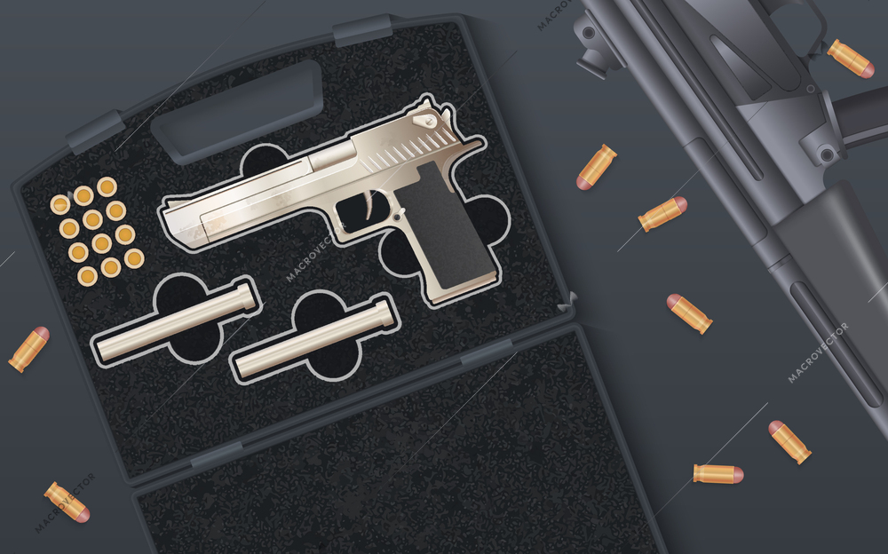 Weapon war realistic composition with close view of pistol and ammo in case with random bullets vector illustration