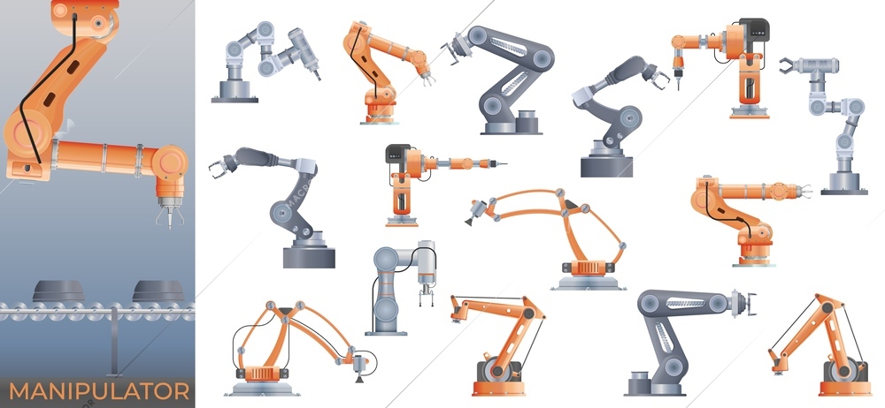 Robot manipulator arm realistic composition with view of industrial line text and isolated icons of manipulators vector illustration