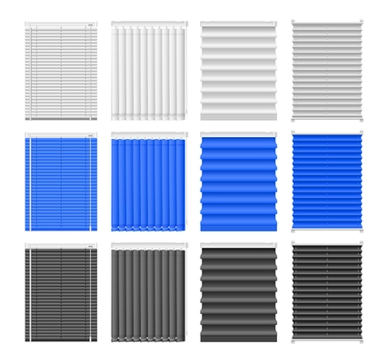 Realistic window blinds set with isolated white blue and black drawn blinds design of various shape vector illustration