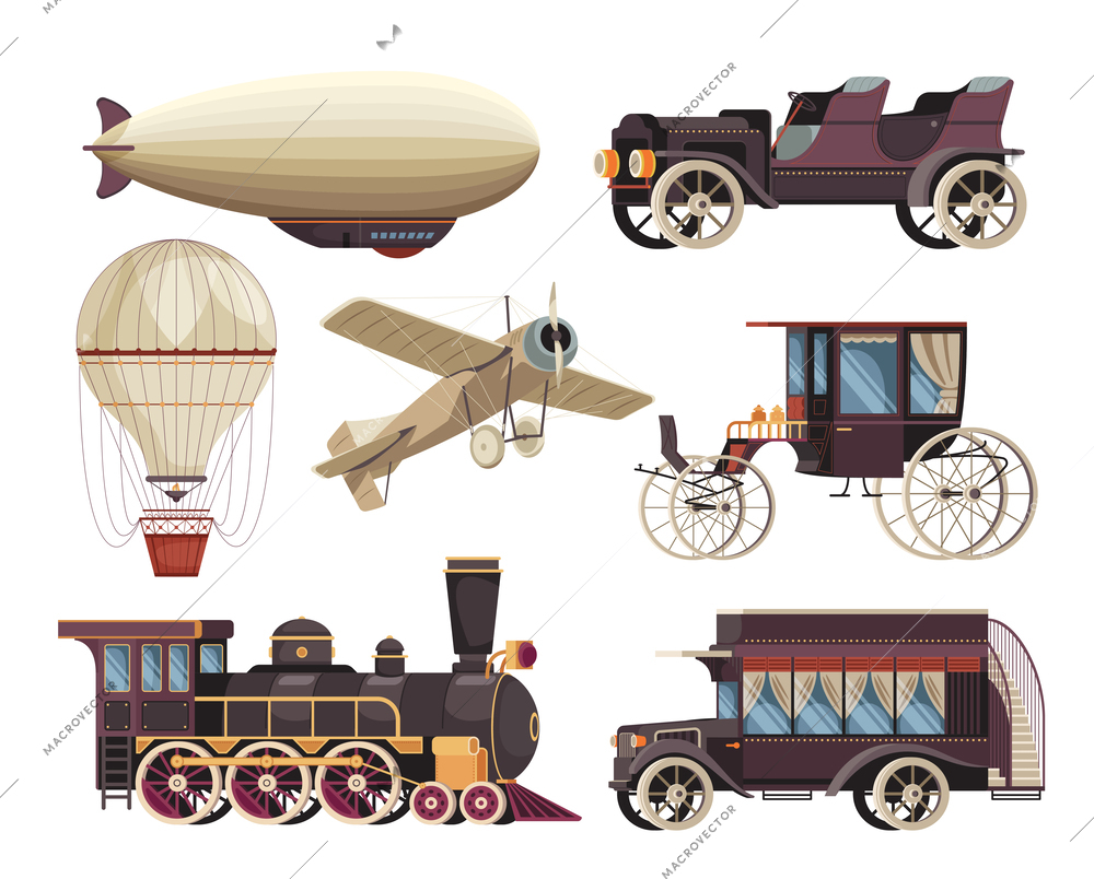 Vintage passenger carriage set with car and balloon realistic isolated vector illustration