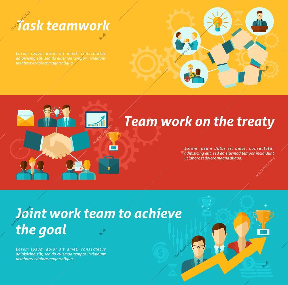 Teamwork banner set with business team organization work success elements isolated vector illustration