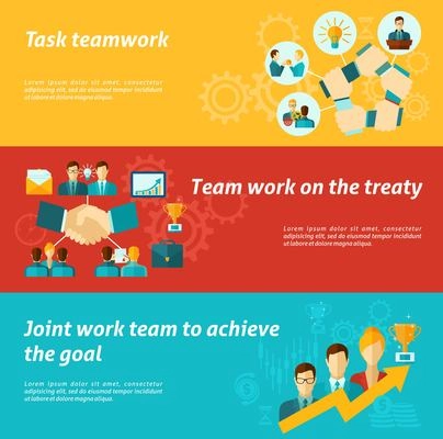 Teamwork banner set with business team organization work success elements isolated vector illustration