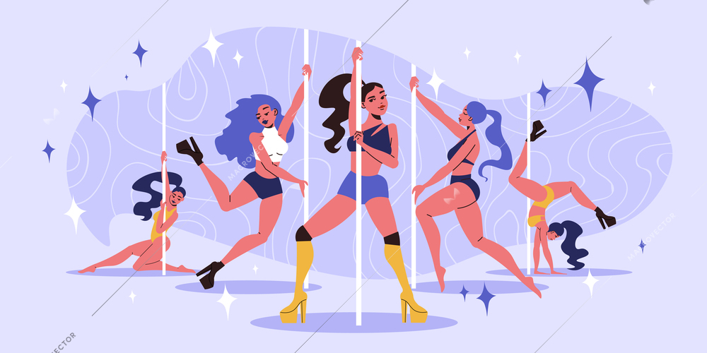 Slim attractive women wearing high heels performing pole dance on color background flat vector illustration