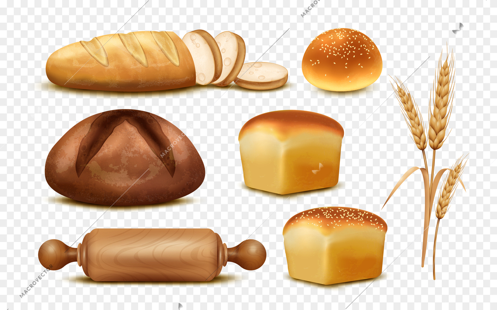 Bakery set of realistic bread loaves wheat ears and wooden rolling pin isolated on transparent background vector illustration