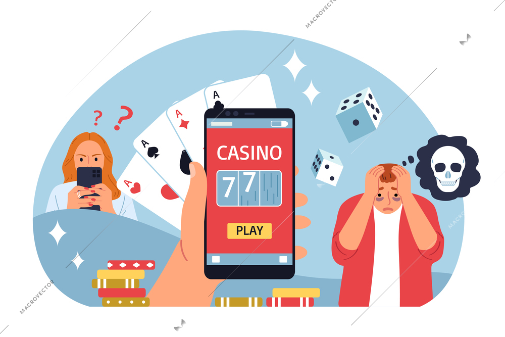 Human addiction flat concept with playing cards dice casino app at smartphone screen vector illustration