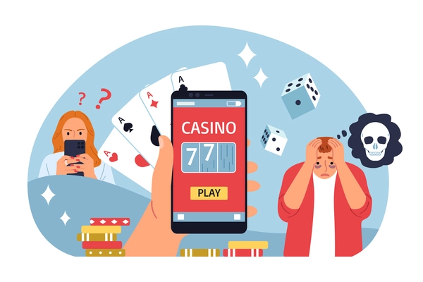 Human addiction flat concept with playing cards dice casino app at smartphone screen vector illustration