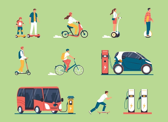 Eco transport flat set of personal city vehicles and charging stations for electric cars vector illustration