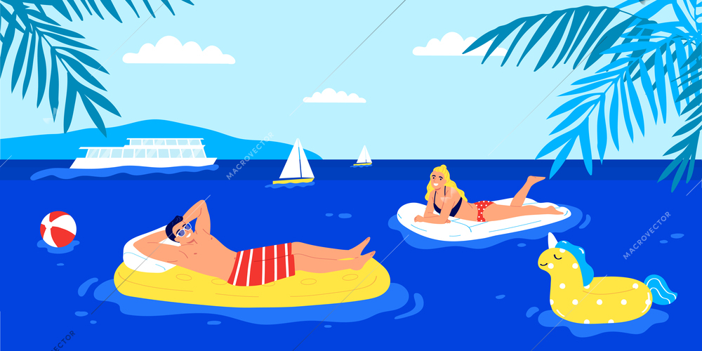 Happy couple floating on inflatable mattresses in sea on vacation flat vector illustration