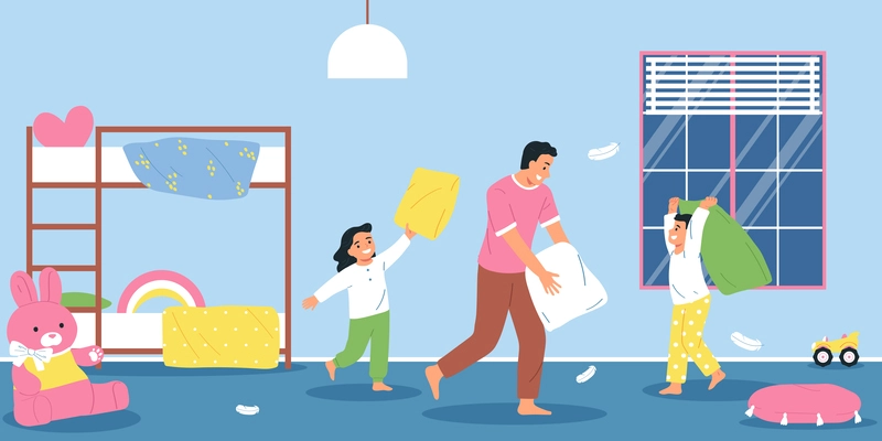 Father playing with his children fighting with pillows in bedroom flat vector illustration