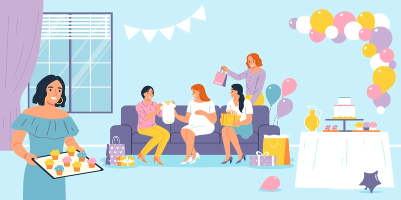 Happy women giving presents to expecting mother at baby shower party flat vector illustration