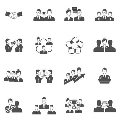 Teamwork business communication management and collaboration icons black set isolated vector illustration