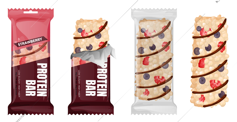 Healthy protein bar packaging set with four isolated top view images of packed and whole snacks vector illustration