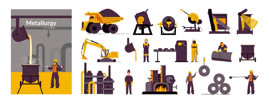 Metallurgy production flat composition with industrial view and set of isolated icons with machinery and workers vector illustration