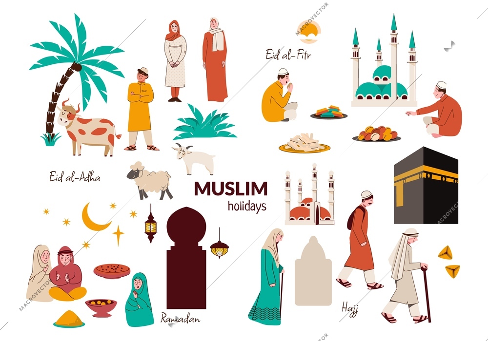 Muslim holidays flat set of isolated icons with human characters of prayers traditional dishes and text vector illustration