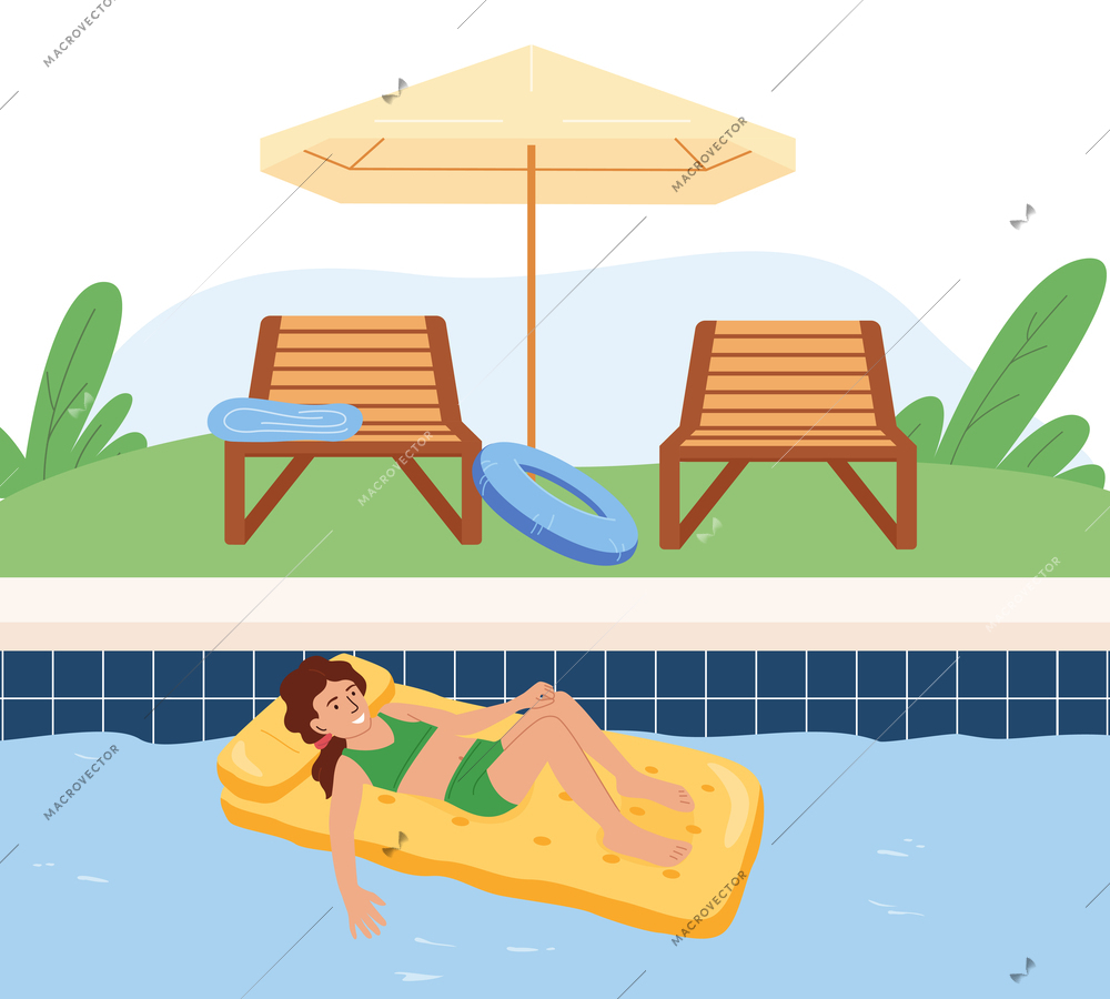 Water safety flat concept with inflatable ring and girl floating on air bed in swimming pool vector illustration