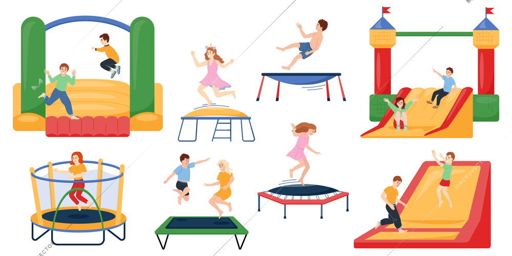 Children jumping on trampoline flat set isolated on white background vector illustration