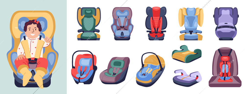 Children car seat set of flat isolated icons with colorful childish safety seats on blank background vector illustration