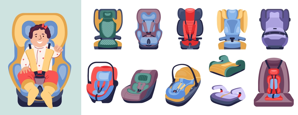 Children car seat set of flat isolated icons with colorful childish safety seats on blank background vector illustration