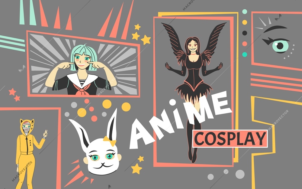 Cosplay anime collage with manga lifestyle symbols flat  vector illustration