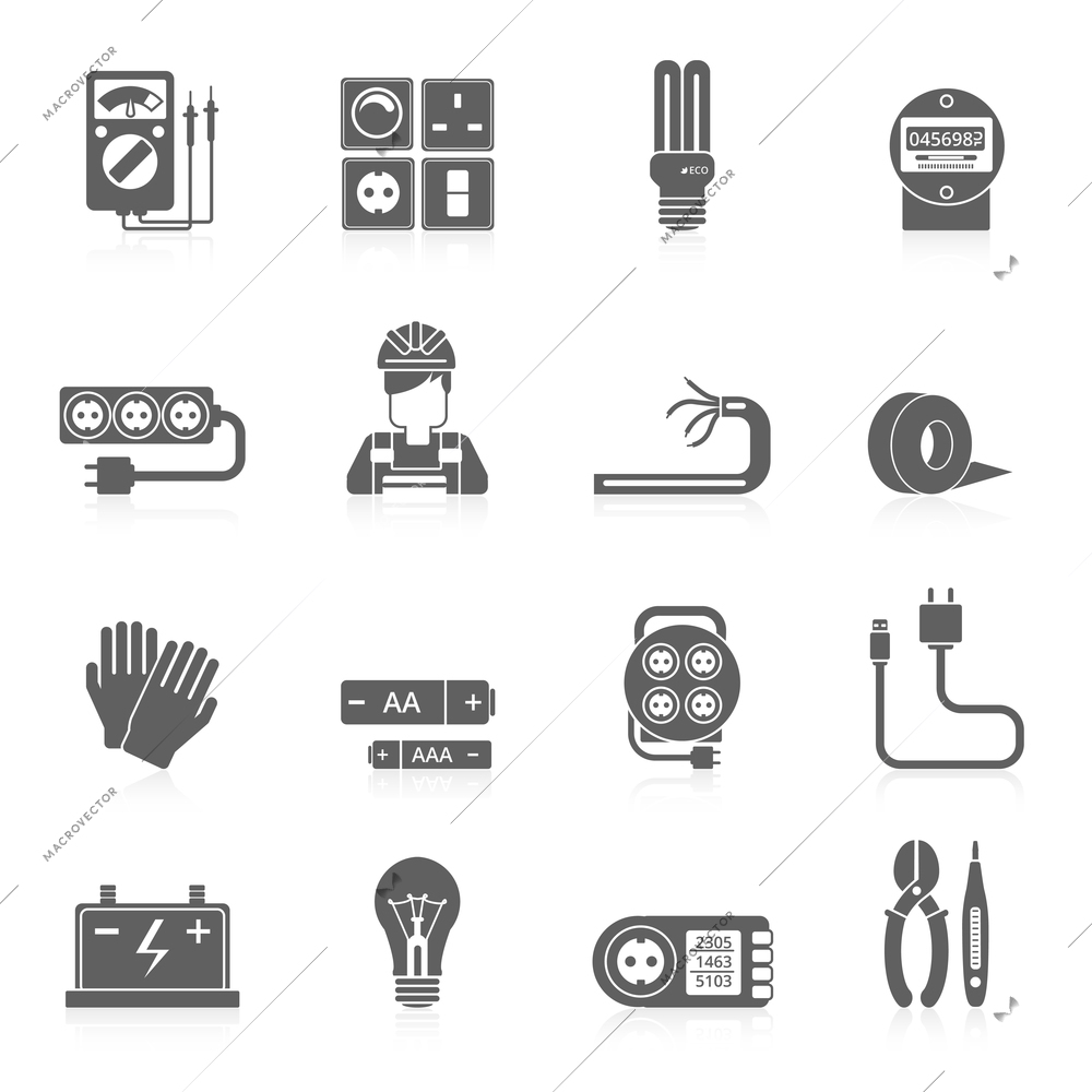 Electricity black icons set with wire cable line voltage tester isolated vector illustration