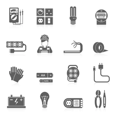 Electricity black icons set with wire cable line voltage tester isolated vector illustration