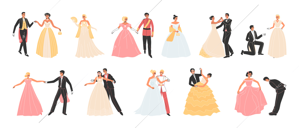 Royal ball set with dress code symbols flat isolated vector illustration