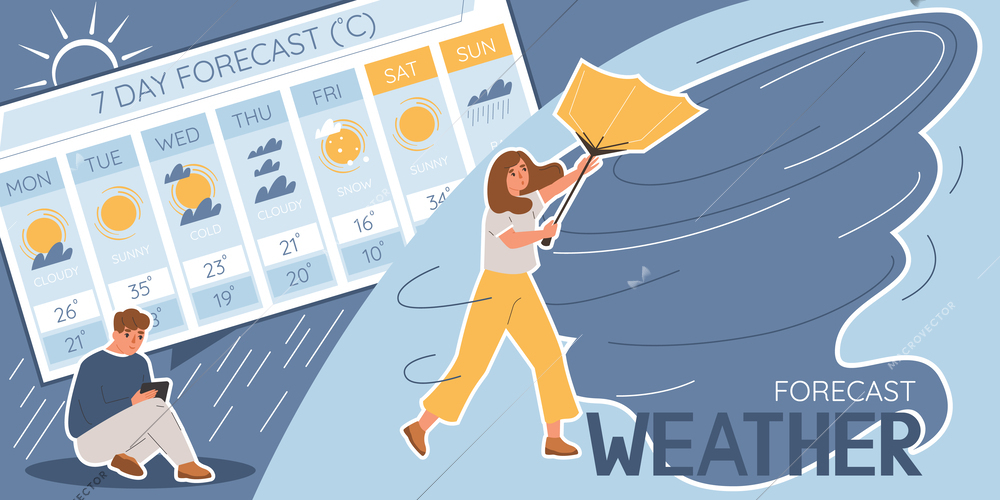 Flat collage with man checking weather forecast and wind pulling out umbrella from woman hands vector illustration