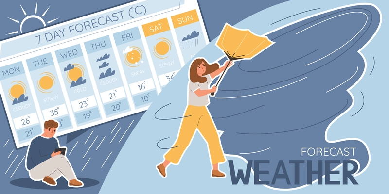 Flat collage with man checking weather forecast and wind pulling out umbrella from woman hands vector illustration