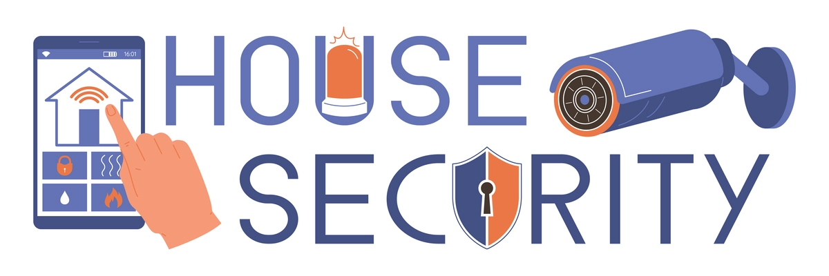 Home security text concept with house camera symbols flat vector illustration