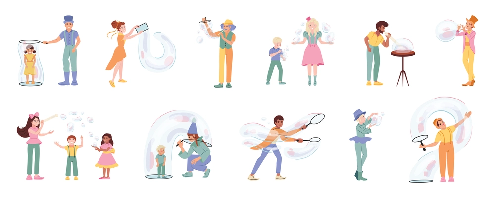 Soap bubbles show set of flat isolated icons with human characters of performing bubble artists kids vector illustration