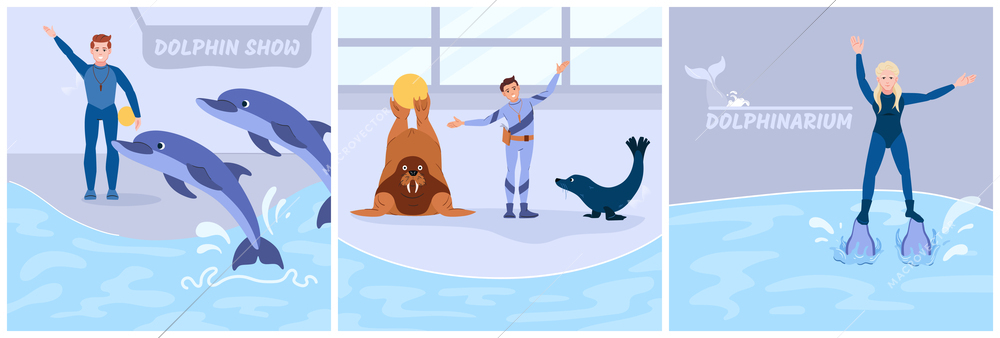 Dolphinarium show flat set with female and male handlers and performing sea animals isolated vector illustration