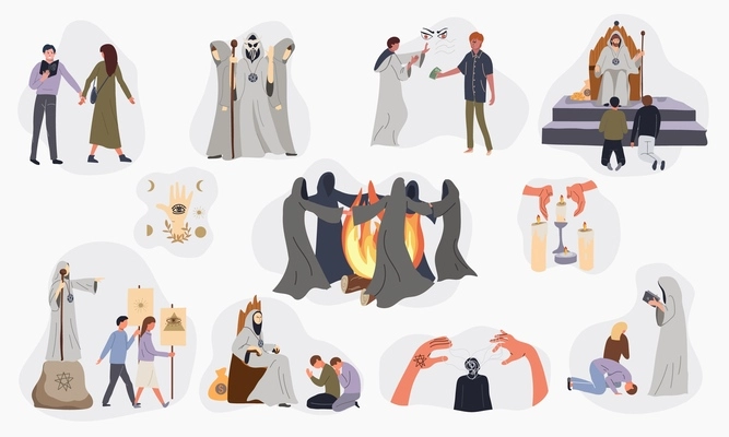 Set with isolated sect cult compositions of flat icons characters of cultists in robes with bonfire vector illustration