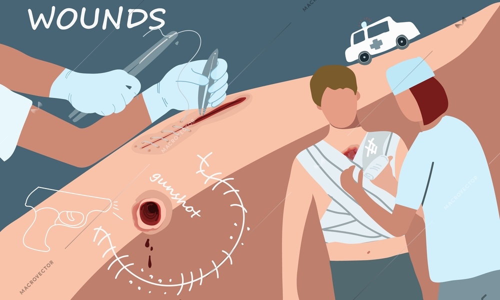 Wound people composition with collage of flat icons faceless characters of doctor and bleeding male patient vector illustration