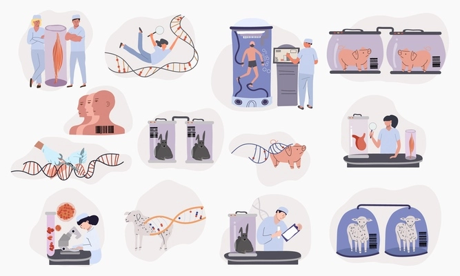 Cloning genetics flat set of isolated compositions with chambers floating animals and cloned people with scientists vector illustration