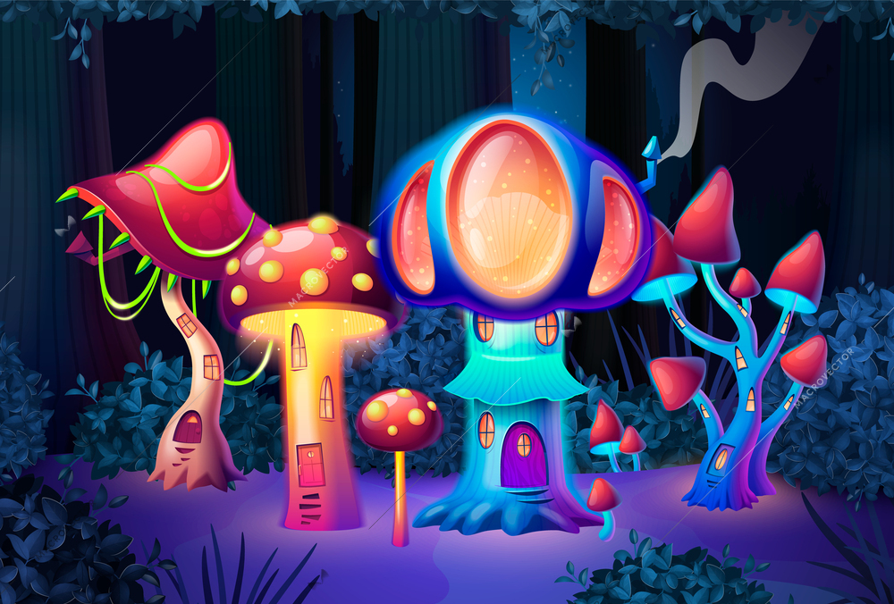 Cartoon magic village in forest with colorful mushroom houses glowing in darkness vector illustration