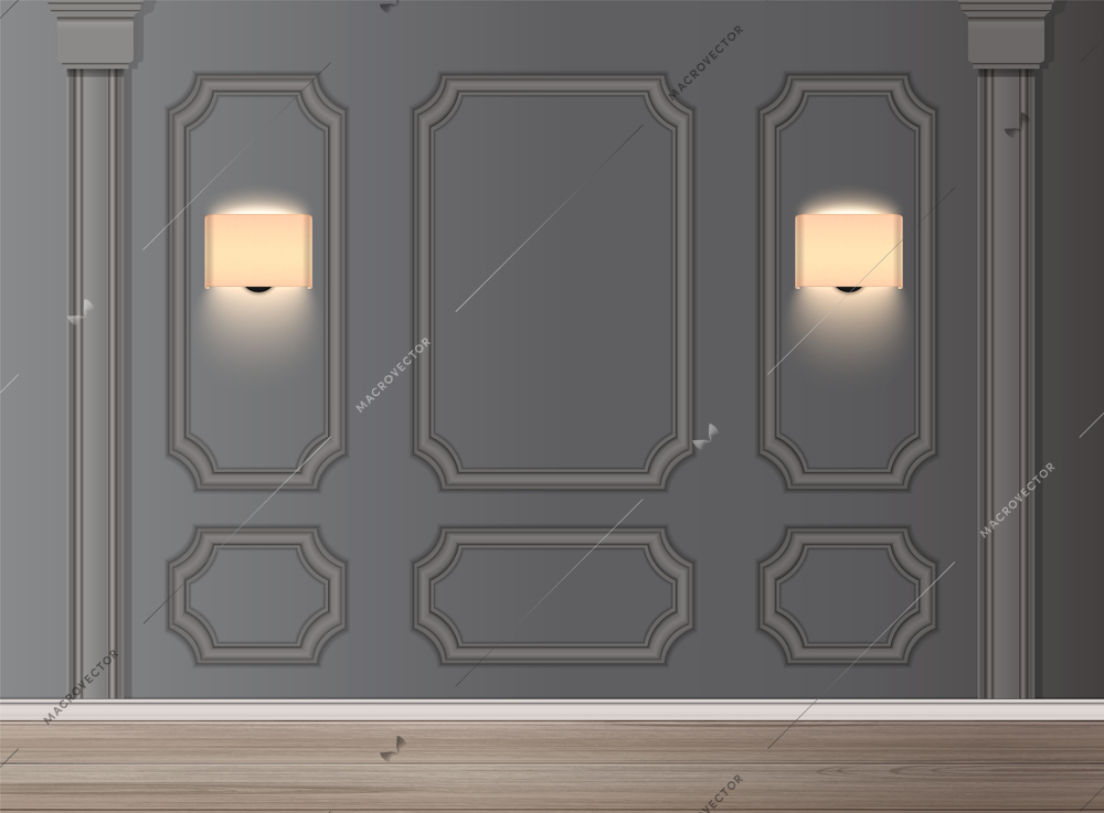 Classic interior with glowing lamps and wall panels realistic vector illustration