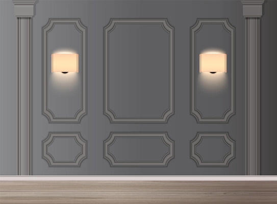 Classic interior with glowing lamps and wall panels realistic vector illustration