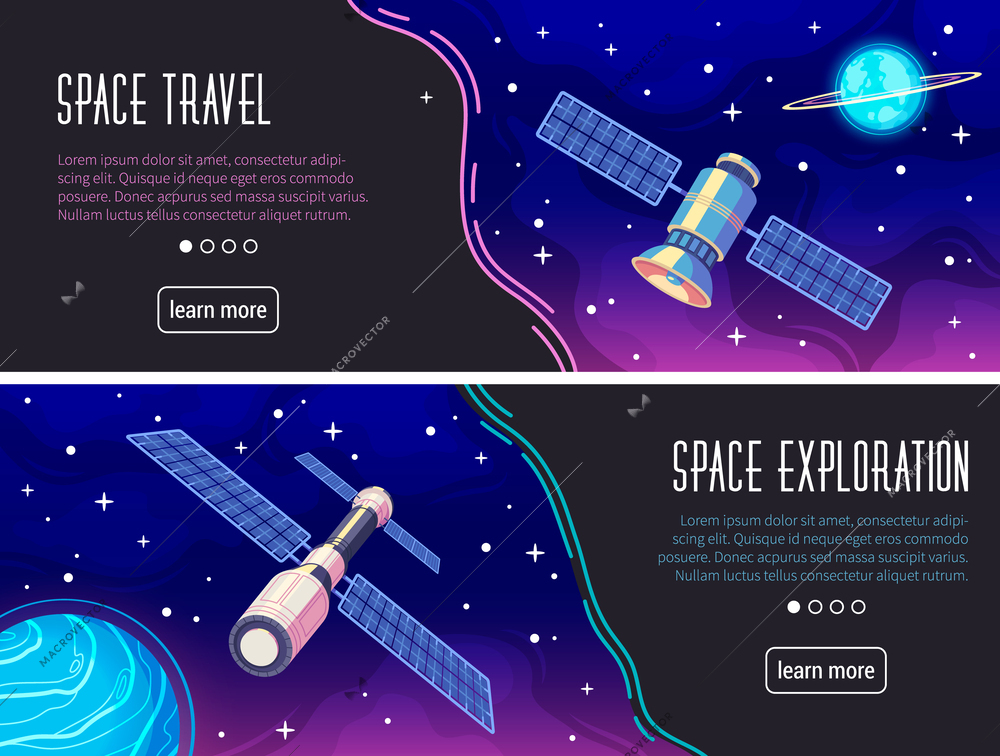 Space travel and exploration cartoon horizontal banners with learn more button isolated vector illustration