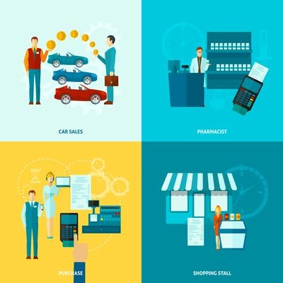 Salesman design concept set with car sales pharmacist purchase shopping stall flat icons isolated vector illustration