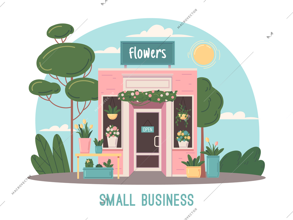 Small business flat concept with flowers shop facade vector illustration