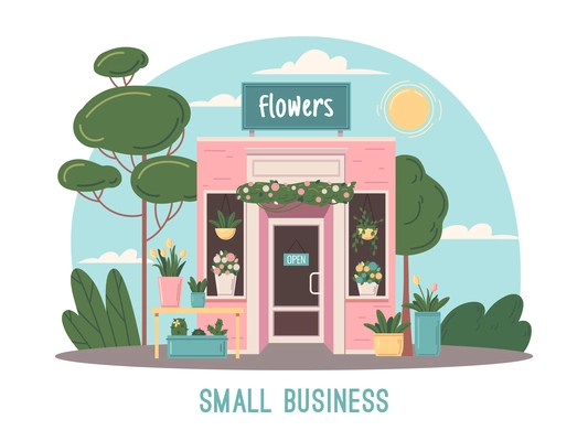 Small business flat concept with flowers shop facade vector illustration