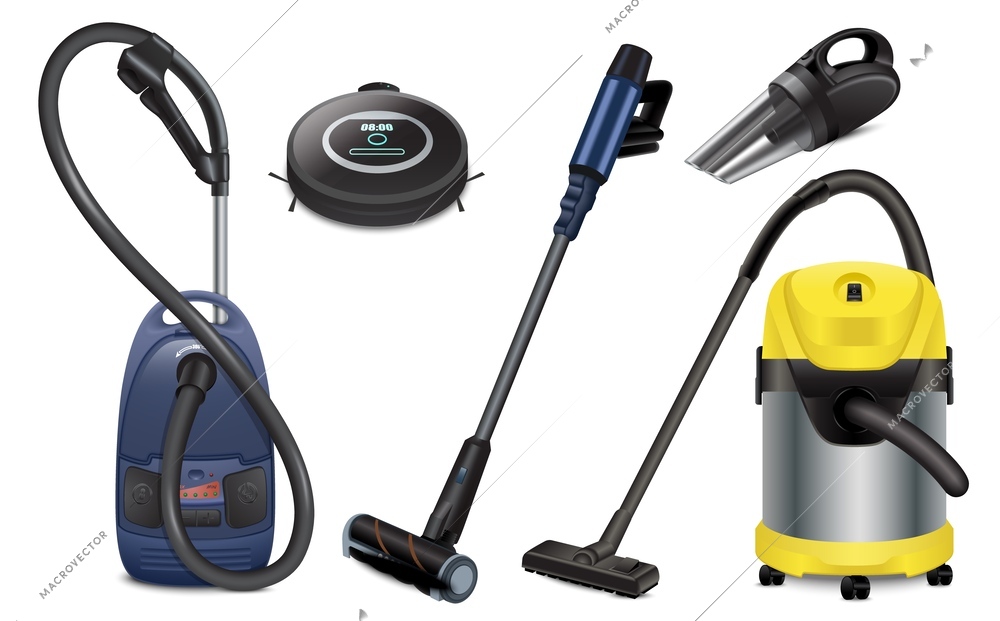 Vacuum cleaner realistic set of isolated icons with views of handheld household devices and cleaning robots vector illustration