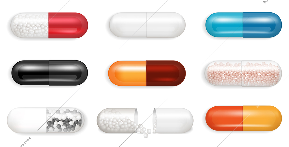 Realistic capsules set with isolated images of colorful pills with grain and shadows on blank background vector illustration