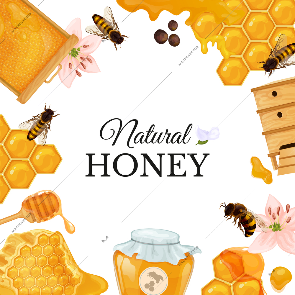 Honey frame composition with ornate text surrounded by images of honeycomb bees and beehives with flowers vector illustration