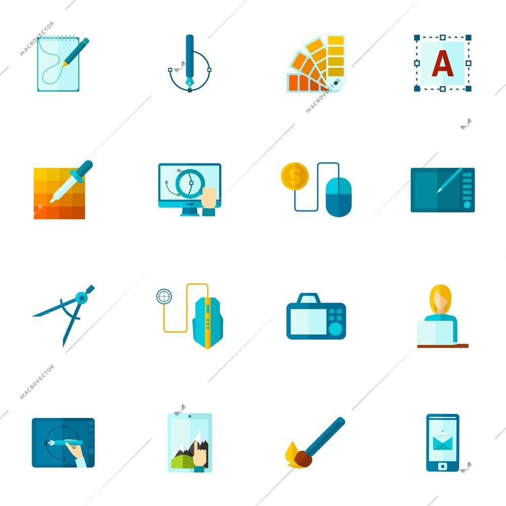 Graphic design drawing tools icons flat set isolated vector illustration