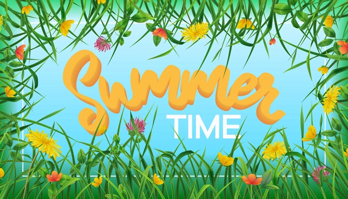 Summer time realistic frame consisting of field flowers dandelions clovers buttercups and green grass vector illustration